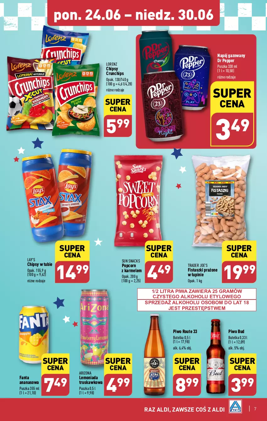 Gazetka promocyjna Aldi - Smakowita podróż do USA - ważna 24.06 do 30.06.2024 - strona 7 - produkty: Ananas, Chipsy, Crunchips, Fa, Fanta, Gra, Lemoniada, Lorenz, Napój, Napój gazowany, Piwa, Piwo, Popcorn