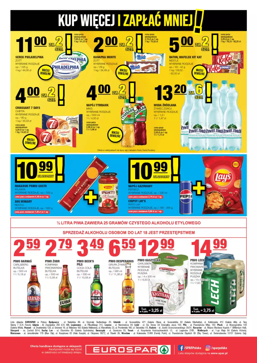 Gazetka promocyjna Spar - EuroSpar - ważna 23.09 do 03.10.2024 - strona 8 - produkty: 7 Days, Baton, Carlsberg, Coca-Cola, Croissant, Desperados, Dzieci, Fa, Gra, Harnaś, Kasztelan, Kit Kat, Kosz, LANA, Monte, Mus, Napój, Philadelphia, Piwo, Rum, Ser, Serek, Tymbark, Wafelek, Woda, Zott