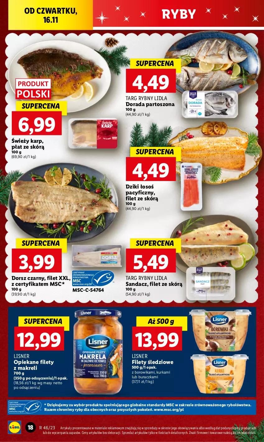 Gazetka promocyjna Lidl - GAZETKA - ważna 16.11 do 18.11.2023 - strona 26 - produkty: Dorsz, Karp, Lisner, Sandacz