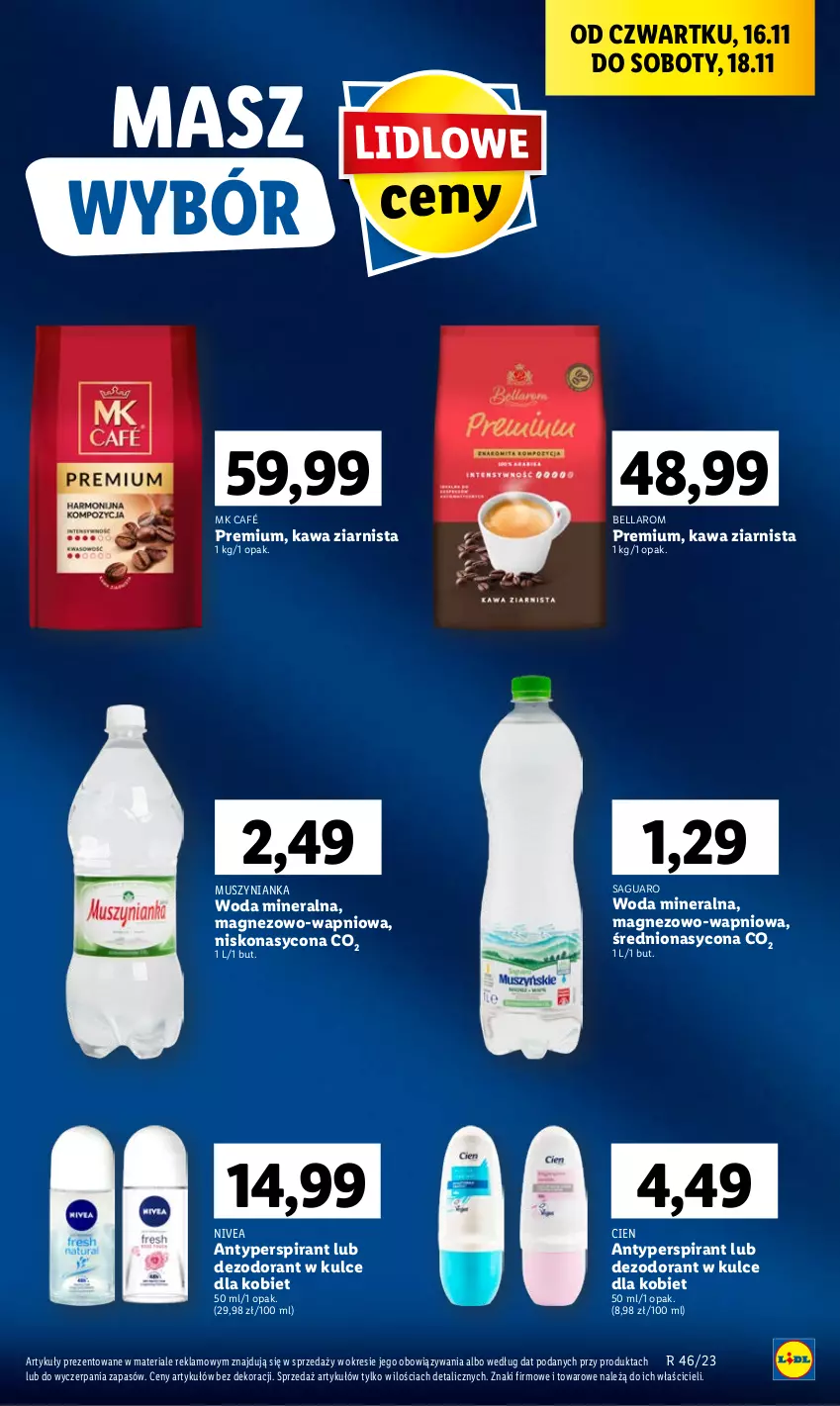 Gazetka promocyjna Lidl - GAZETKA - ważna 16.11 do 18.11.2023 - strona 35 - produkty: Antyperspirant, Bell, Bella, Dezodorant, Kawa, Kawa ziarnista, Magnez, Mus, Muszynianka, Nivea, Woda, Woda mineralna