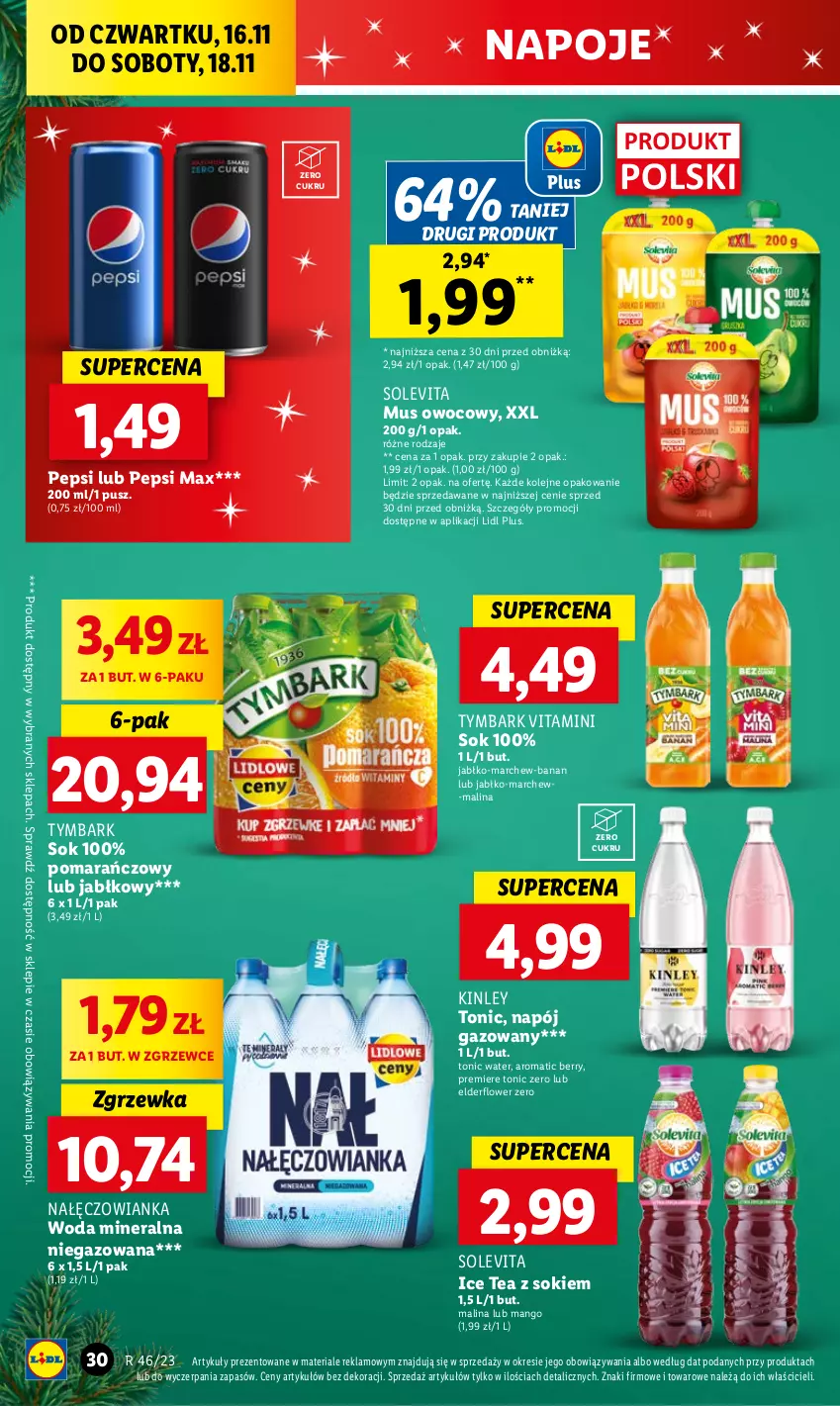 Gazetka promocyjna Lidl - GAZETKA - ważna 16.11 do 18.11.2023 - strona 42 - produkty: Ice tea, Mango, Mus, Nałęczowianka, Napój, Napój gazowany, Napoje, Olej, Pepsi, Pepsi max, Premiere, Sok, Tymbark, Woda, Woda mineralna