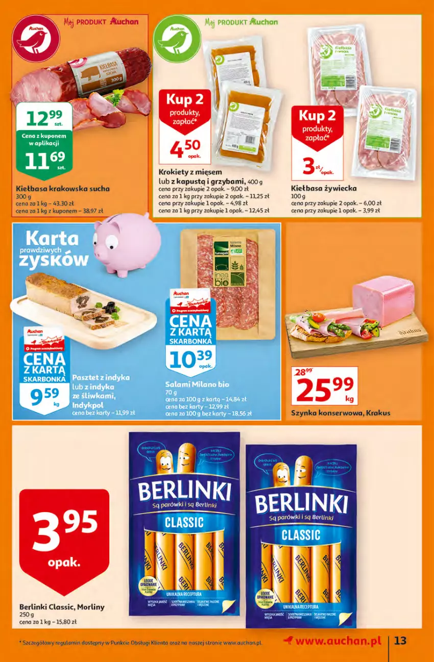 Gazetka promocyjna Auchan - przeNISKIE CENY z Maxi Pakami Hipermarkety - ważna 20.01 do 26.01.2022 - strona 13 - produkty: Berlinki, Kapustą, Kiełbasa, Kiełbasa krakowska, Krakus, Krokiety, Morliny, Salami, Ser, Szynka, Szynka konserwowa