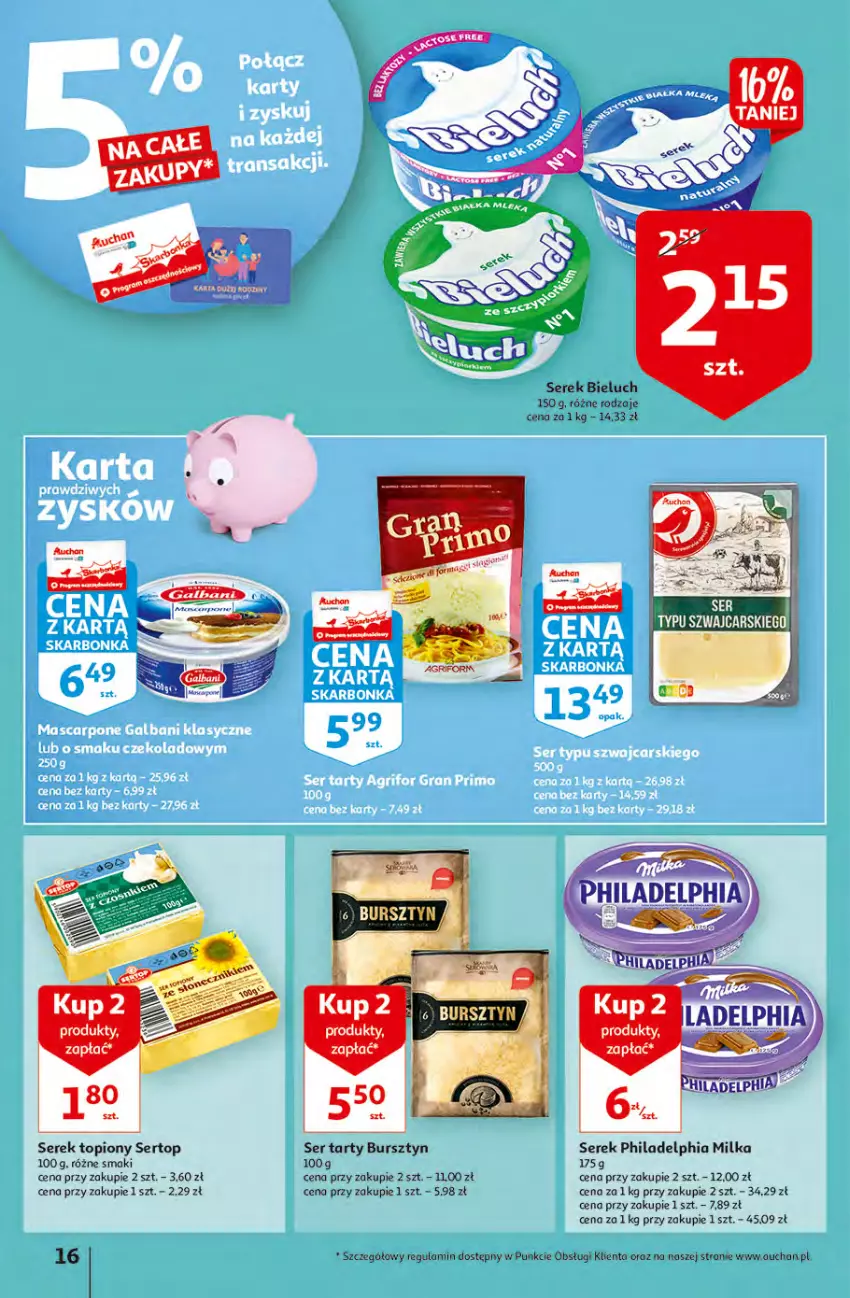 Gazetka promocyjna Auchan - przeNISKIE CENY z Maxi Pakami Hipermarkety - ważna 20.01 do 26.01.2022 - strona 16 - produkty: Bieluch, Bursztyn, Milka, Philadelphia, Ser, Serek, Top, Tran