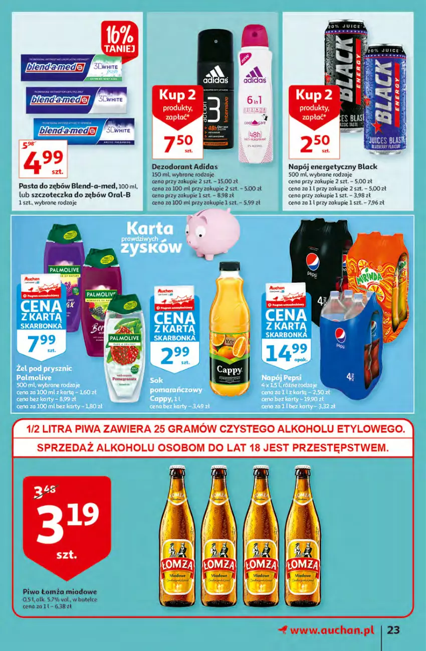 Gazetka promocyjna Auchan - przeNISKIE CENY z Maxi Pakami Hipermarkety - ważna 20.01 do 26.01.2022 - strona 23 - produkty: Adidas, Blend-a-Med, Dezodorant, Gra, Lack, Napój, Napój energetyczny, Piwa, Piwo, Szczoteczka