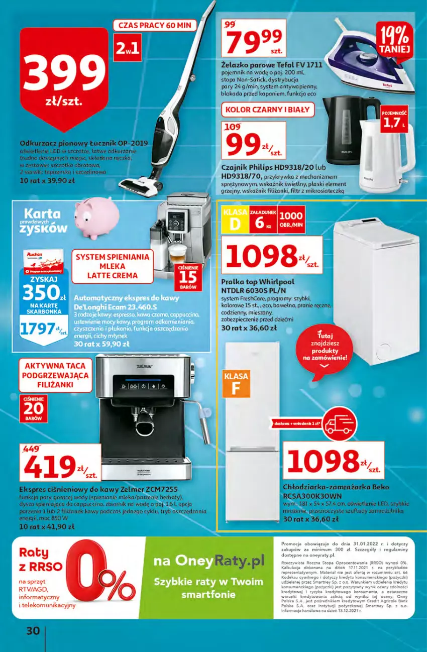 Gazetka promocyjna Auchan - przeNISKIE CENY z Maxi Pakami Hipermarkety - ważna 20.01 do 26.01.2022 - strona 30 - produkty: Beko, Cappuccino, Chłodziarka, Czajnik, Fa, Gra, Jaja, Odkurzacz, Philips, Piec, Pojemnik, Pralka, Sati, Smartfon, Szczotka, Taca, Tefal, Top, Wełna, Whirlpool, Zelmer