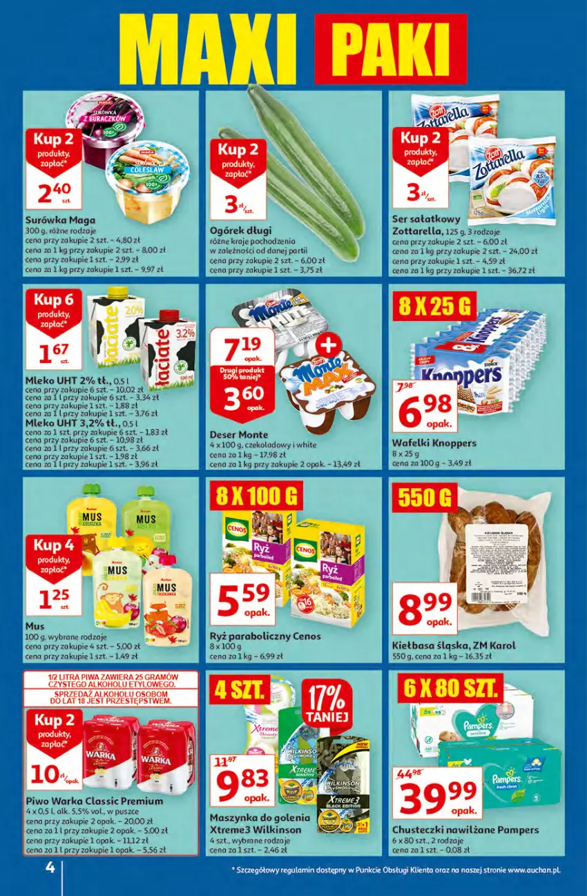 Gazetka promocyjna Auchan - przeNISKIE CENY z Maxi Pakami Hipermarkety - ważna 20.01 do 26.01.2022 - strona 4 - produkty: Cenos, Chusteczki, Chusteczki nawilzane, Deser, Gra, Kiełbasa, Kiełbasa śląska, Knoppers, Maszynka, Maszynka do golenia, Mleko, Monte, Ogórek, Pampers, Piwa, Piwo, Ryż, Sałat, Ser, Surówka, Szynka, Warka, Zott, Zottarella