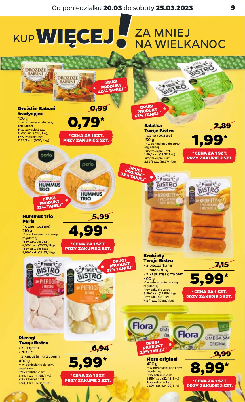 Gazetka promocyjna Netto - Artykuły spożywcze - ważna 20.03 do 25.03.2023 - strona 9 - produkty: Babuni, Drożdże, Flora, Gin, Hummus, Kapustą, Krokiety, Mus, Piec, Pieczarka, Pierogi, Sałat, Sałatka