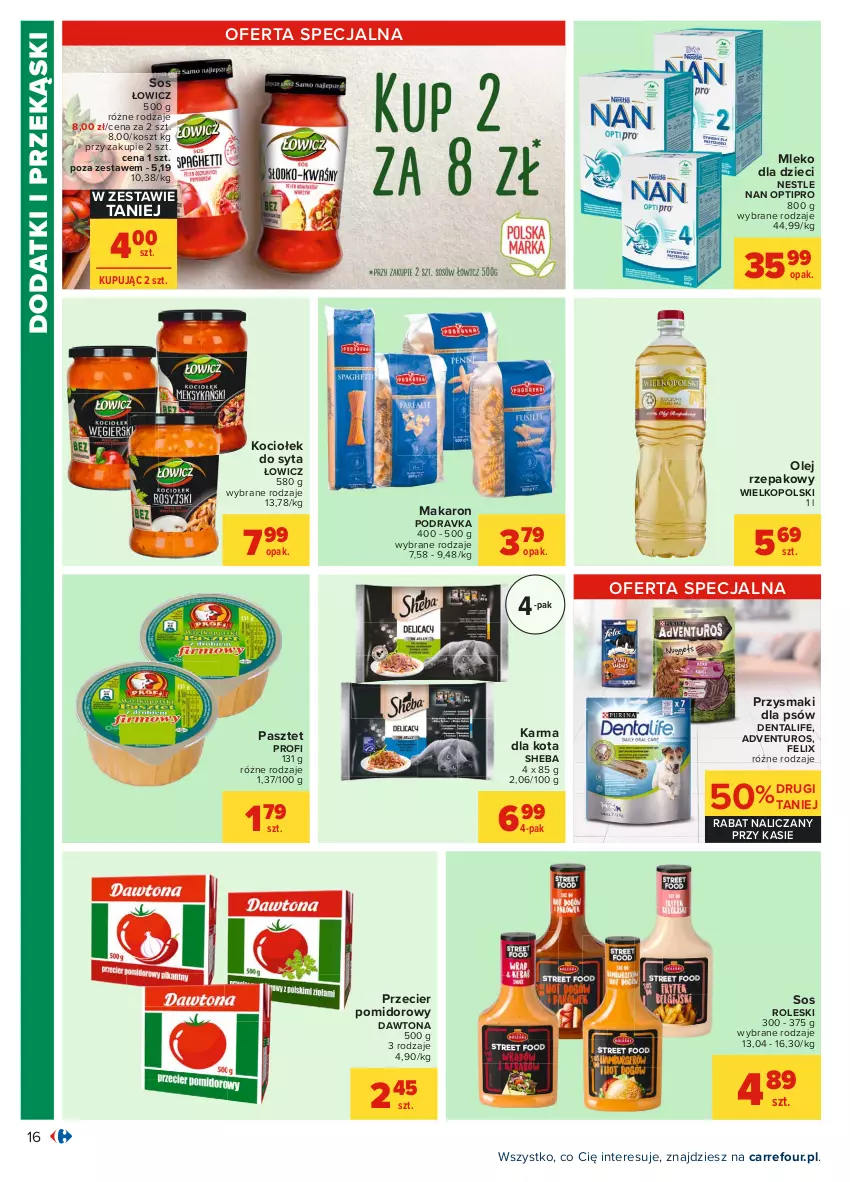 Gazetka promocyjna Carrefour - Gazetka Carrefour - ważna 28.06 do 10.07.2021 - strona 16 - produkty: Adventuros, Dawtona, Dzieci, Felix, Koc, Kosz, Makaron, Mleko, Mleko dla dzieci, NAN Optipro, Olej, Olej rzepakowy, Pasztet, Podravka, Przysmaki, Sheba, Sos