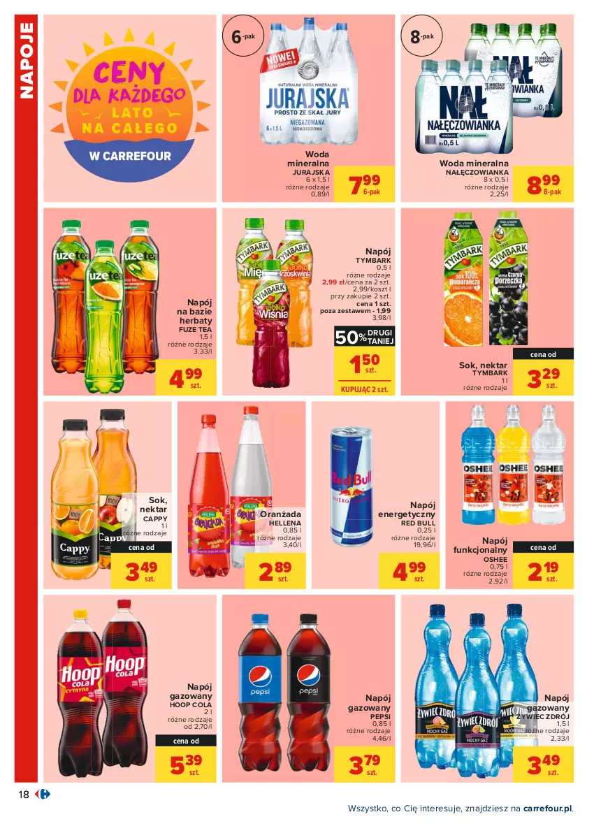 Gazetka promocyjna Carrefour - Gazetka Carrefour - ważna 28.06 do 10.07.2021 - strona 18 - produkty: Cappy, Hellena, Hoop, Kosz, Nałęczowianka, Napój, Napój energetyczny, Napój gazowany, Napoje, Nektar, Oranżada, Oshee, Pepsi, Red Bull, Sok, Tymbark, Woda, Woda mineralna