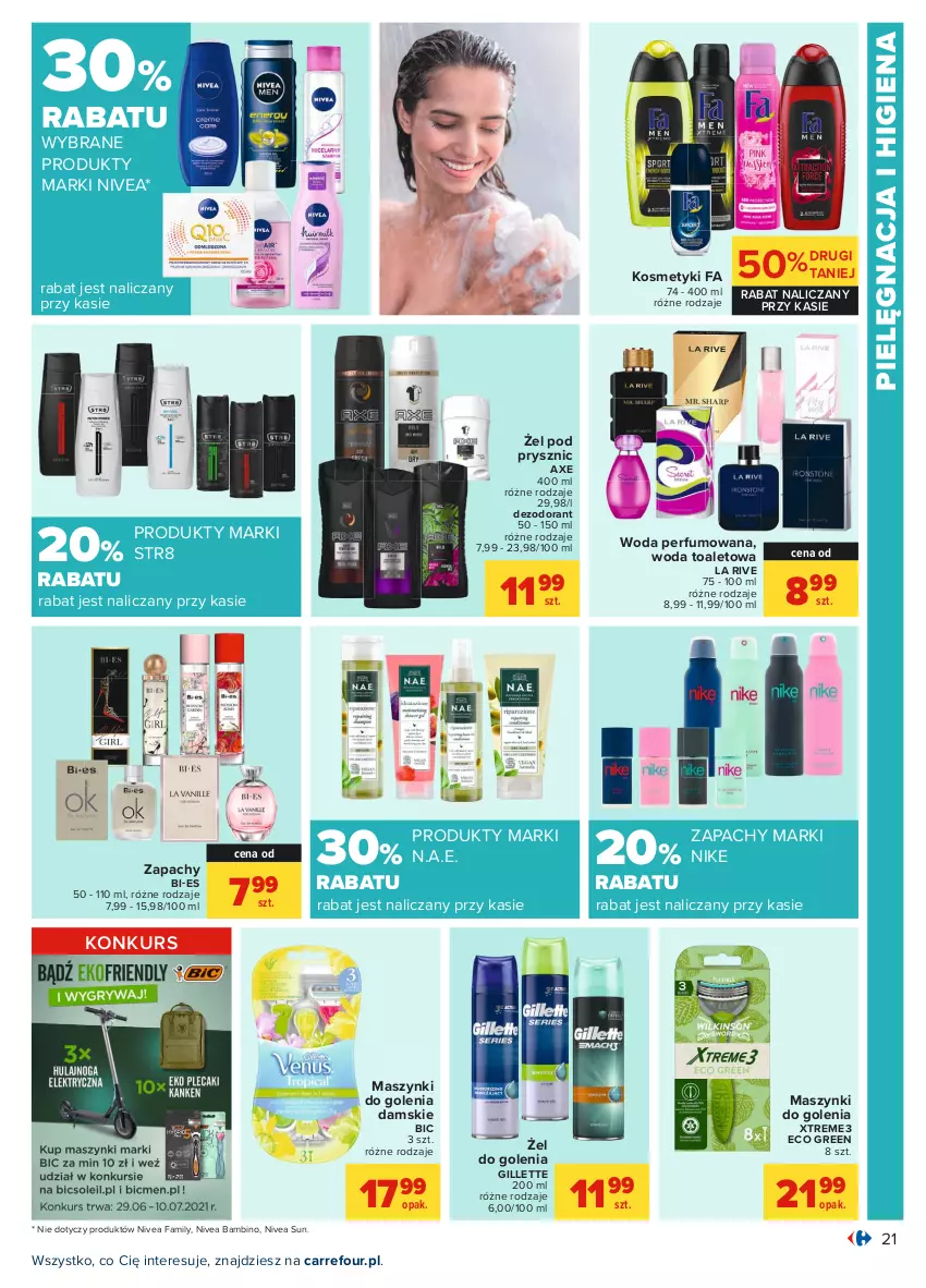 Gazetka promocyjna Carrefour - Gazetka Carrefour - ważna 28.06 do 10.07.2021 - strona 21 - produkty: BIC, Dezodorant, Fa, Gillette, La Rive, Nike, Nivea, Perfum, Str8, Woda, Woda perfumowana, Woda toaletowa