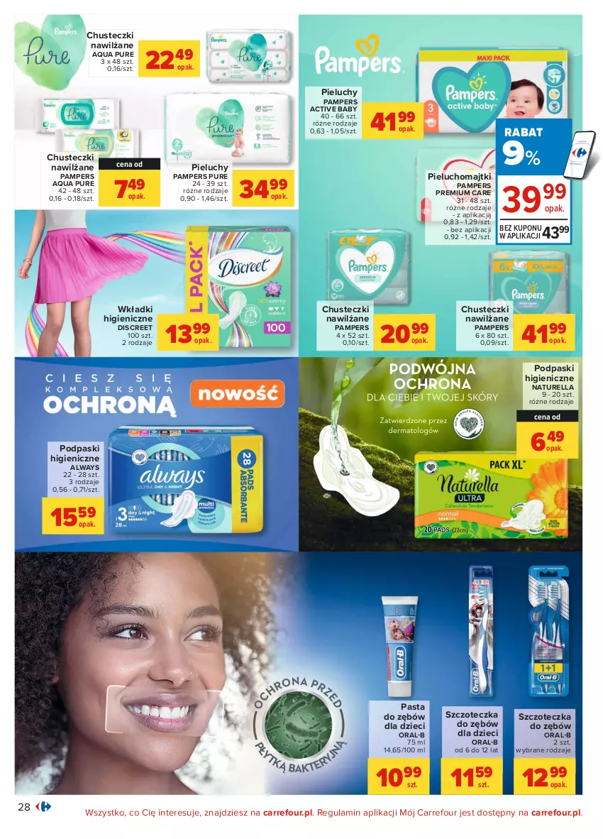 Gazetka promocyjna Carrefour - Gazetka Carrefour - ważna 28.06 do 10.07.2021 - strona 28 - produkty: Always, Chusteczki, Discreet, Dzieci, Majtki, Naturell, Naturella, Pampers, Pasta do zębów, Pieluchomajtki, Pieluchy, Podpaski, Pur, Szczoteczka, Szczoteczka do zębów, Wkładki