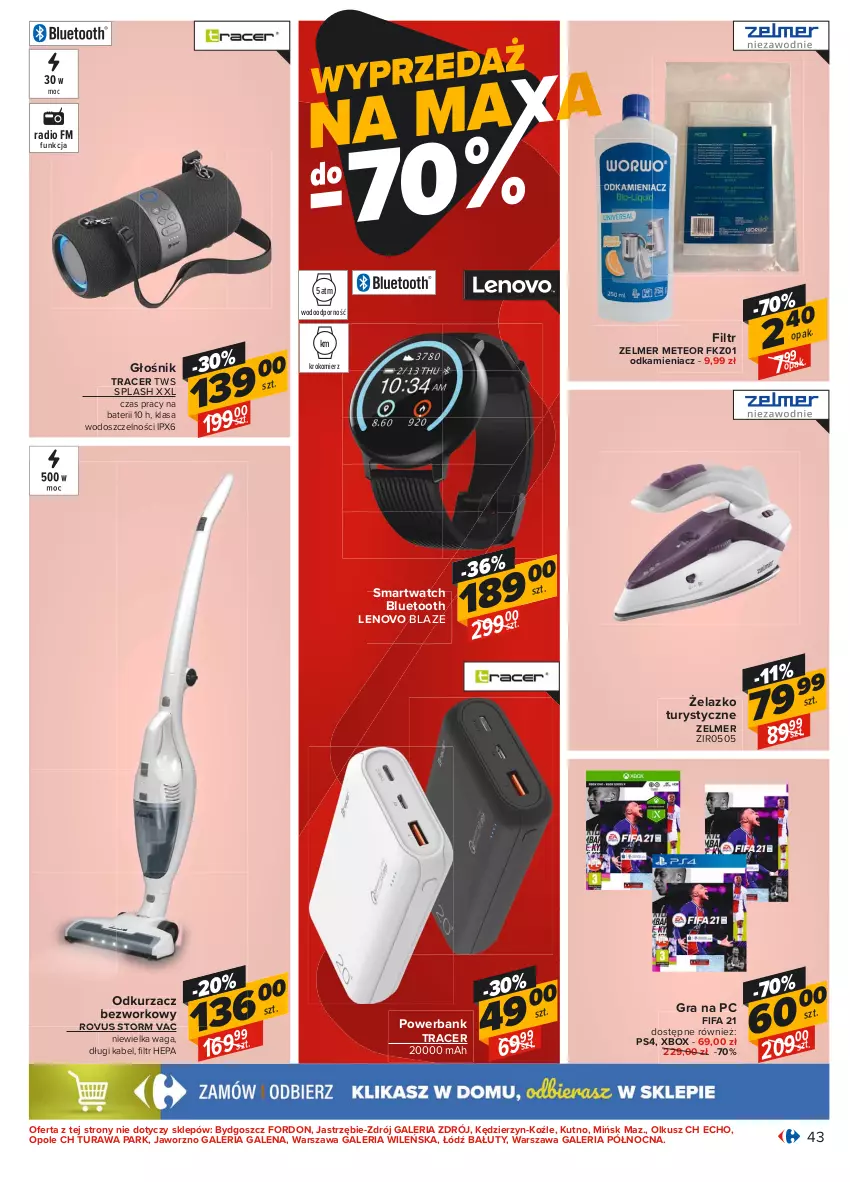 Gazetka promocyjna Carrefour - Gazetka Carrefour - ważna 28.06 do 10.07.2021 - strona 43 - produkty: Acer, Fa, FIFA 21, Głośnik, Gra, Gra na pc, Krokomierz, Lenovo, Odkamieniacz, Odkurzacz, Por, Powerbank, Smartwatch, Waga, Xbox, Zelmer