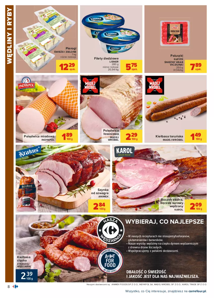 Gazetka promocyjna Carrefour - Gazetka Carrefour - ważna 28.06 do 10.07.2021 - strona 8 - produkty: Boczek, Gra, Kiełbasa, Kiełbasa śląska, Lisner, Madej Wróbel, Pierogi, Polędwica, Sos, Surimi, Szynka