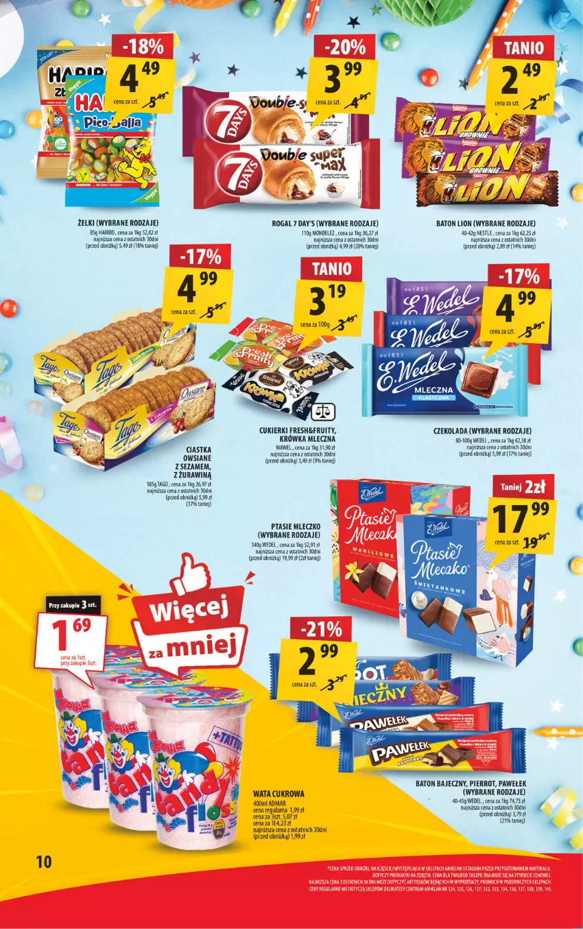 Gazetka promocyjna Arhelan - Gazetka - ważna 10.01 do 19.01.2025 - strona 10 - produkty: Baton, Ciastka, Cukier, Cukierki, Czekolada, Haribo, Lion, Mleczko, Ptasie mleczko, Rogal, Sezam, Tago, Wata cukrowa, Wawel