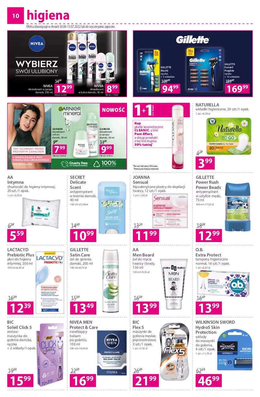 Gazetka promocyjna Hebe - Gazetka - ważna 30.06 do 13.07.2022 - strona 10 - produkty: Antyperspirant, Balsam po goleniu, BIC, Chusteczki, Chusteczki do higieny, Cleanic, Dezodorant, Fusion, Garnier, Gillette, Joanna, Lactacyd, Mach3, Maszynka, Maszynka do golenia, Naturell, Naturella, Nawilżający balsam, Nivea, Nivea Men, O.B., Plastry do depilacji, Płatki kosmetyczne, Płyn do higieny intymnej, Pur, Sati, Sensual, Szynka, Tampony, Wilkinson Sword, Wkładki