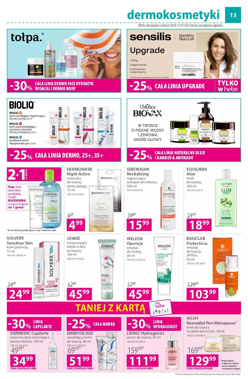 Gazetka promocyjna Hebe - Gazetka - ważna 30.06 do 13.07.2022 - strona 13 - produkty: Basiclab, Bioderma, Body, Capilarte, Dermedic, Embryolisse, Emulsja, Fa, Gra, Krem do twarzy, Krem pod oczy, Lierac, Olej, Rum, Seboradin, Ser, Serum, Serum do twarzy, Szampon, Tonik, Tonik do twarzy, Vichy, Weleda