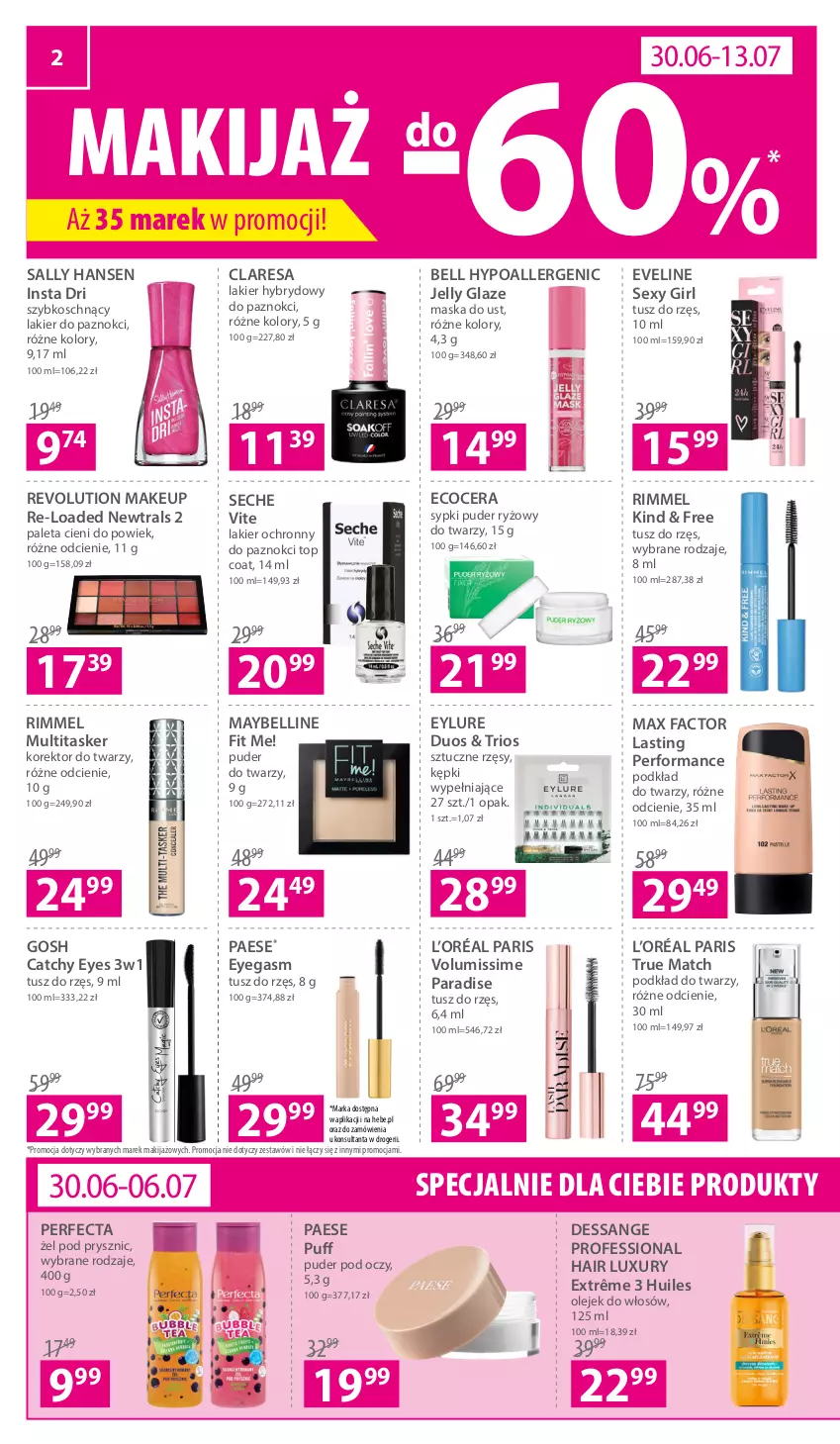 Gazetka promocyjna Hebe - Gazetka - ważna 30.06 do 13.07.2022 - strona 2 - produkty: Bell, Bell HypoAllergenic, Eveline, Fa, Gosh, Korektor do twarzy, L’Oréal, Lakier, Lakier do paznokci, Lakier hybrydowy, Makijaż, Maska, Max Factor, Maybelline, Olej, PAESE, Paleta, Perfecta, Podkład, Podkład do twarzy, Puder, Puder do twarzy, Puf, Ryż, Sally Hansen, Sztuczne rzęsy, Top, Tusz