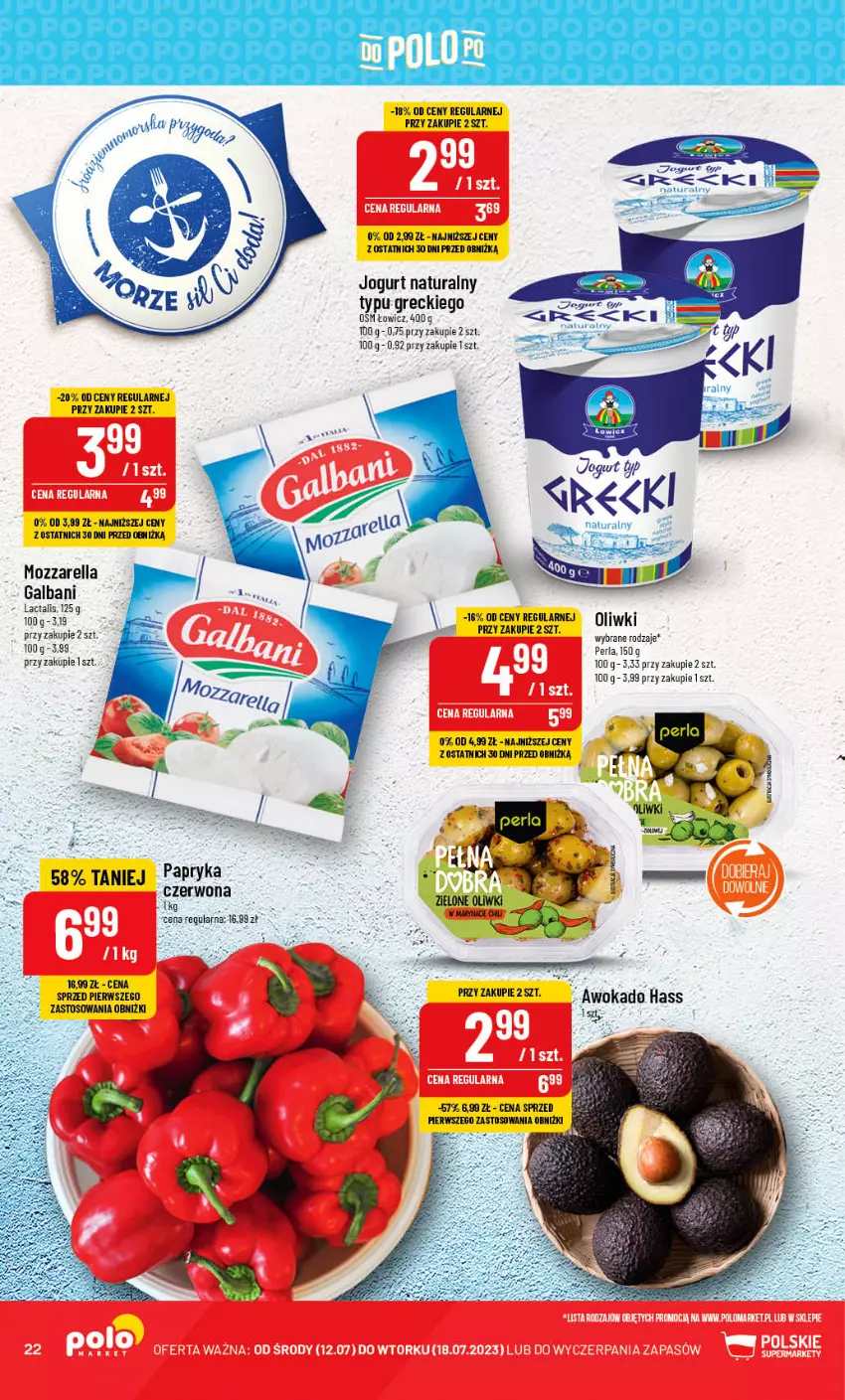 Gazetka promocyjna PoloMarket - Gazetka pomocyjna - ważna 12.07 do 18.07.2023 - strona 22 - produkty: Galbani, Jogurt, Jogurt naturalny, Mozzarella, Oliwki, Papryka