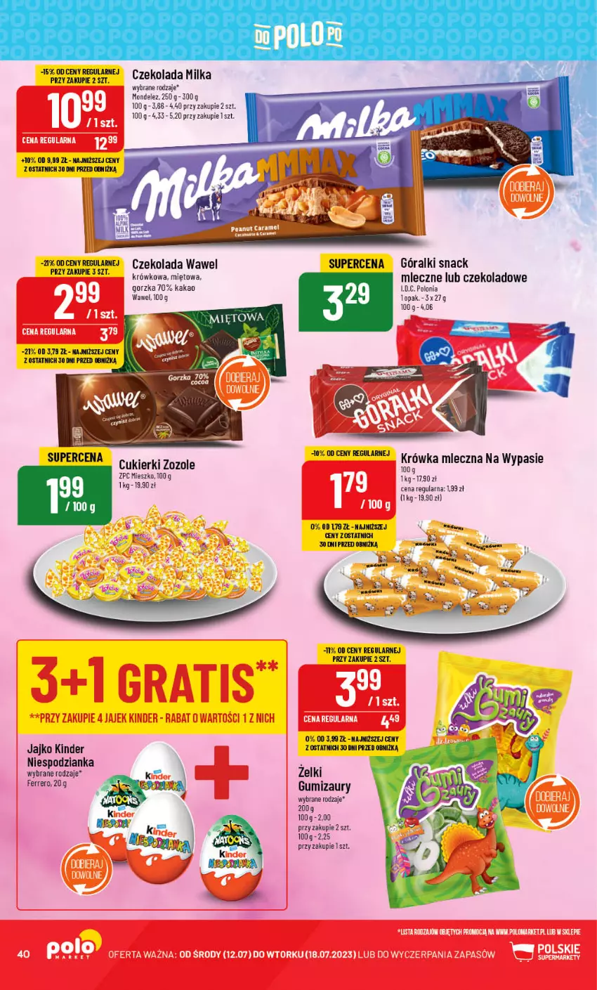 Gazetka promocyjna PoloMarket - Gazetka pomocyjna - ważna 12.07 do 18.07.2023 - strona 40 - produkty: Cukier, Cukierki, Czekolada, Góralki, Kakao, Kinder, Milka, Wawel