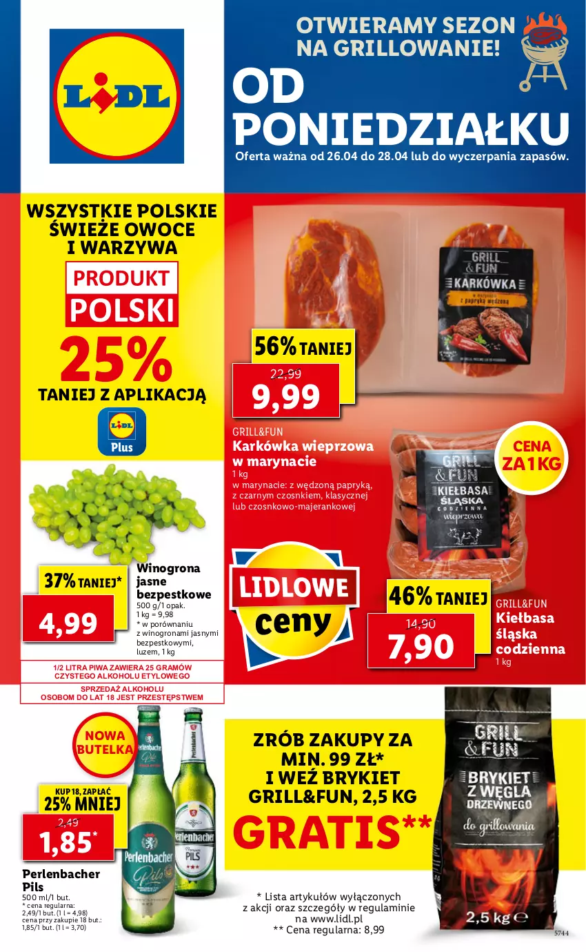 Gazetka promocyjna Lidl - GAZETKA - ważna 26.04 do 28.04.2021 - strona 1 - produkty: Gra, Grill, Karkówka wieprzowa, Kiełbasa, Kiełbasa śląska, NBA, Owoce, Piwa, Por, Warzywa, Wino, Winogrona