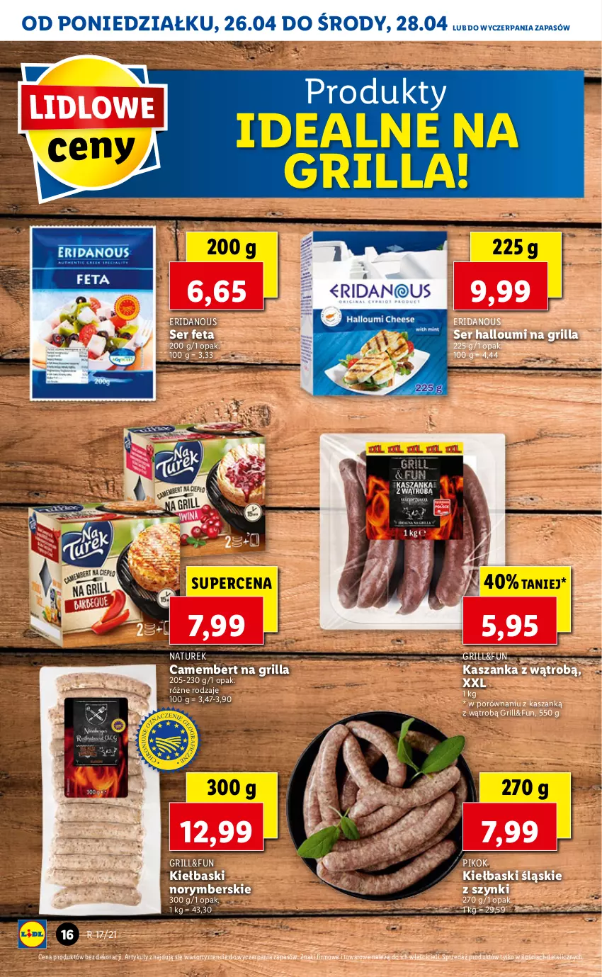 Gazetka promocyjna Lidl - GAZETKA - ważna 26.04 do 28.04.2021 - strona 16 - produkty: Camembert, Feta, Grill, Kasza, Kaszanka, Kiełbaski śląskie, NaTurek, PIKOK, Por, Ser