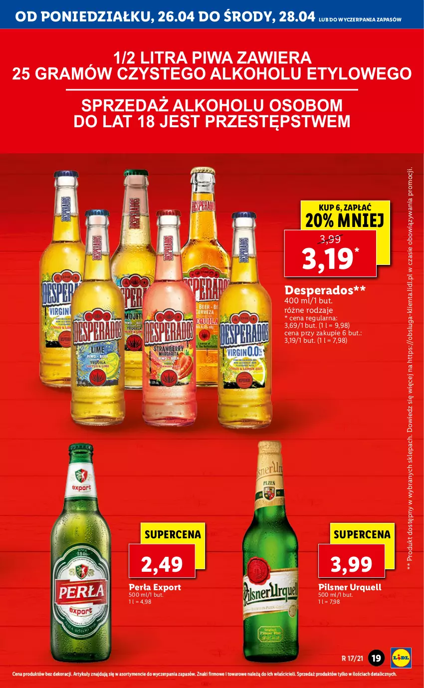 Gazetka promocyjna Lidl - GAZETKA - ważna 26.04 do 28.04.2021 - strona 19 - produkty: Desperados, Perła, Pilsner Urquell, Por