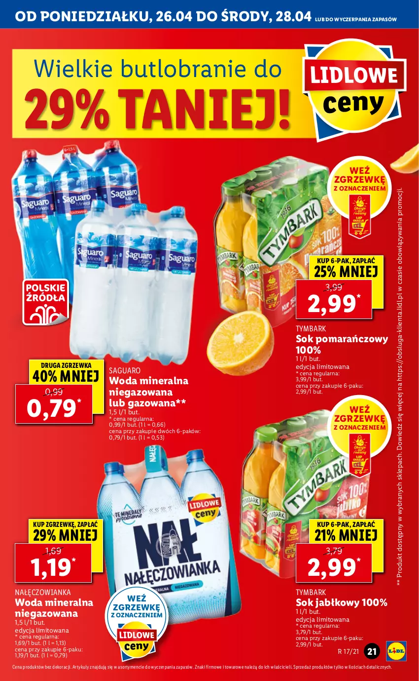 Gazetka promocyjna Lidl - GAZETKA - ważna 26.04 do 28.04.2021 - strona 21 - produkty: Nałęczowianka, Sok, Sok jabłkowy, Sok pomarańczowy, Tymbark, Woda, Woda mineralna