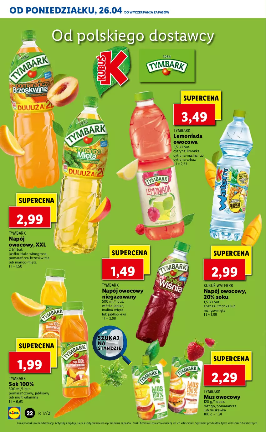 Gazetka promocyjna Lidl - GAZETKA - ważna 26.04 do 28.04.2021 - strona 22 - produkty: Ananas, Arbuz, Kiwi, Kubuś, Kubuś Waterrr, Lemoniada, Limonka, Mango, Mięta, Mus, Napój, Sok, Tymbark, Wino, Winogrona