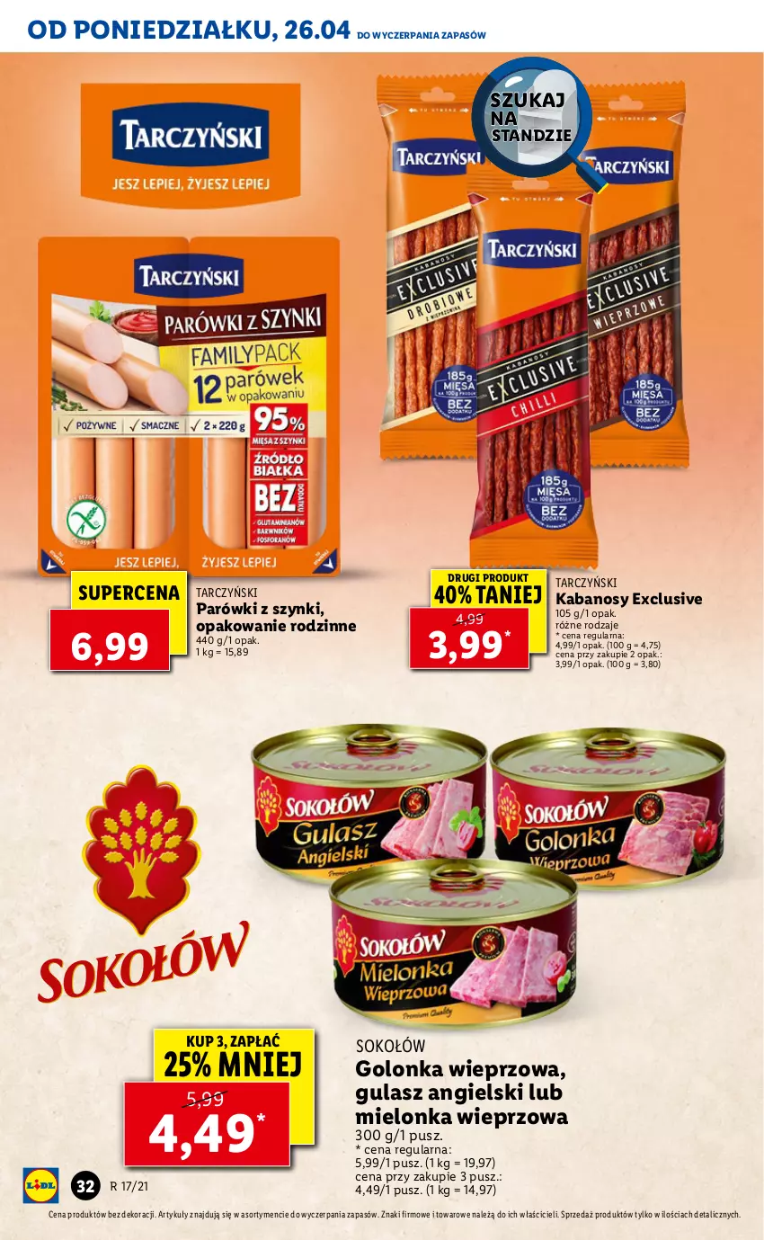 Gazetka promocyjna Lidl - GAZETKA - ważna 26.04 do 28.04.2021 - strona 32 - produkty: Golonka wieprzowa, Kabanos, Parówki, Parówki z szynki, Sok, Sokołów, Tarczyński