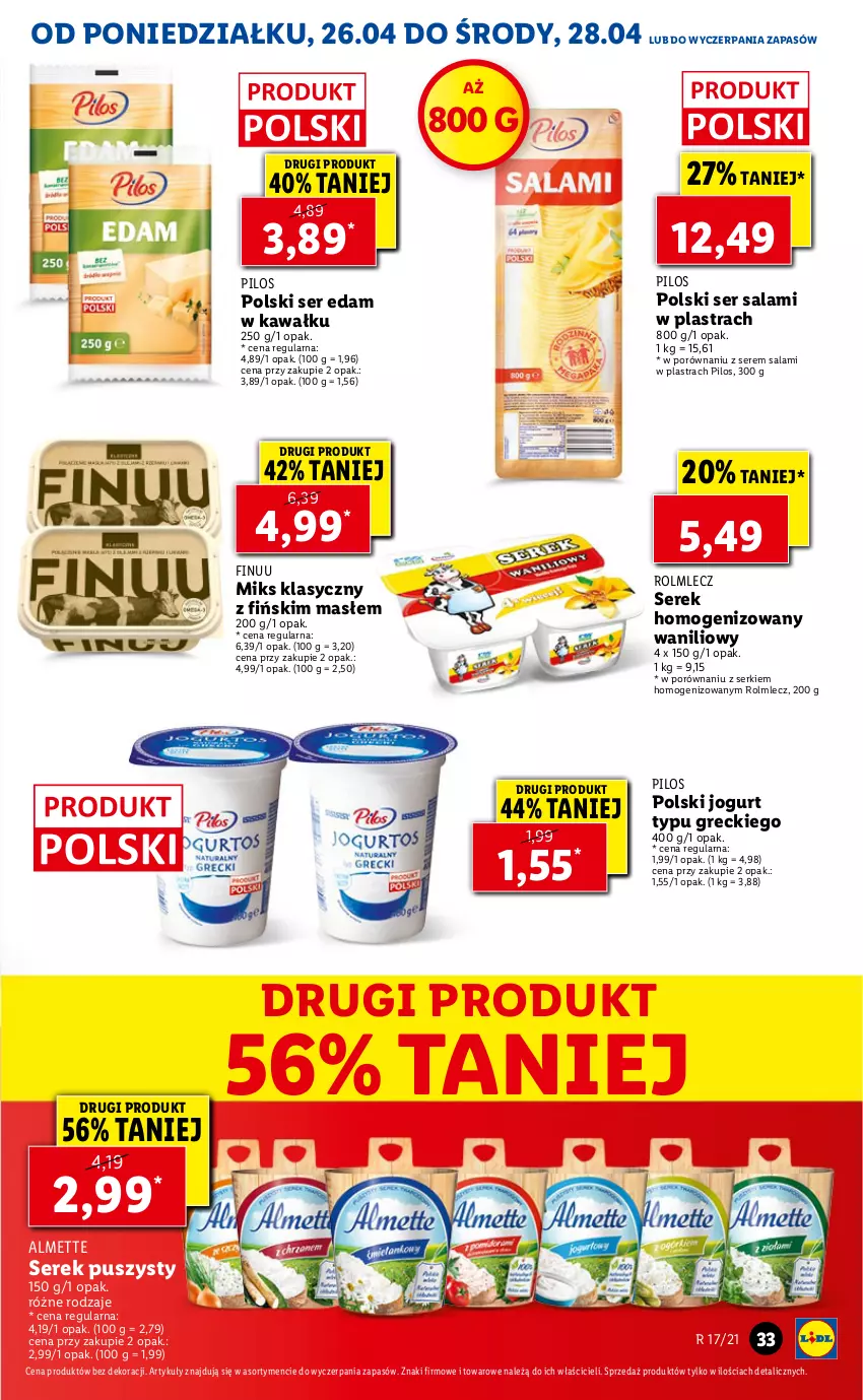 Gazetka promocyjna Lidl - GAZETKA - ważna 26.04 do 28.04.2021 - strona 33 - produkty: Almette, Edam, Finuu, Jogurt, Kawa, Pilos, Por, Rolmlecz, Salami, Ser, Ser salami, Serek, Serek homogenizowany, Serek puszysty