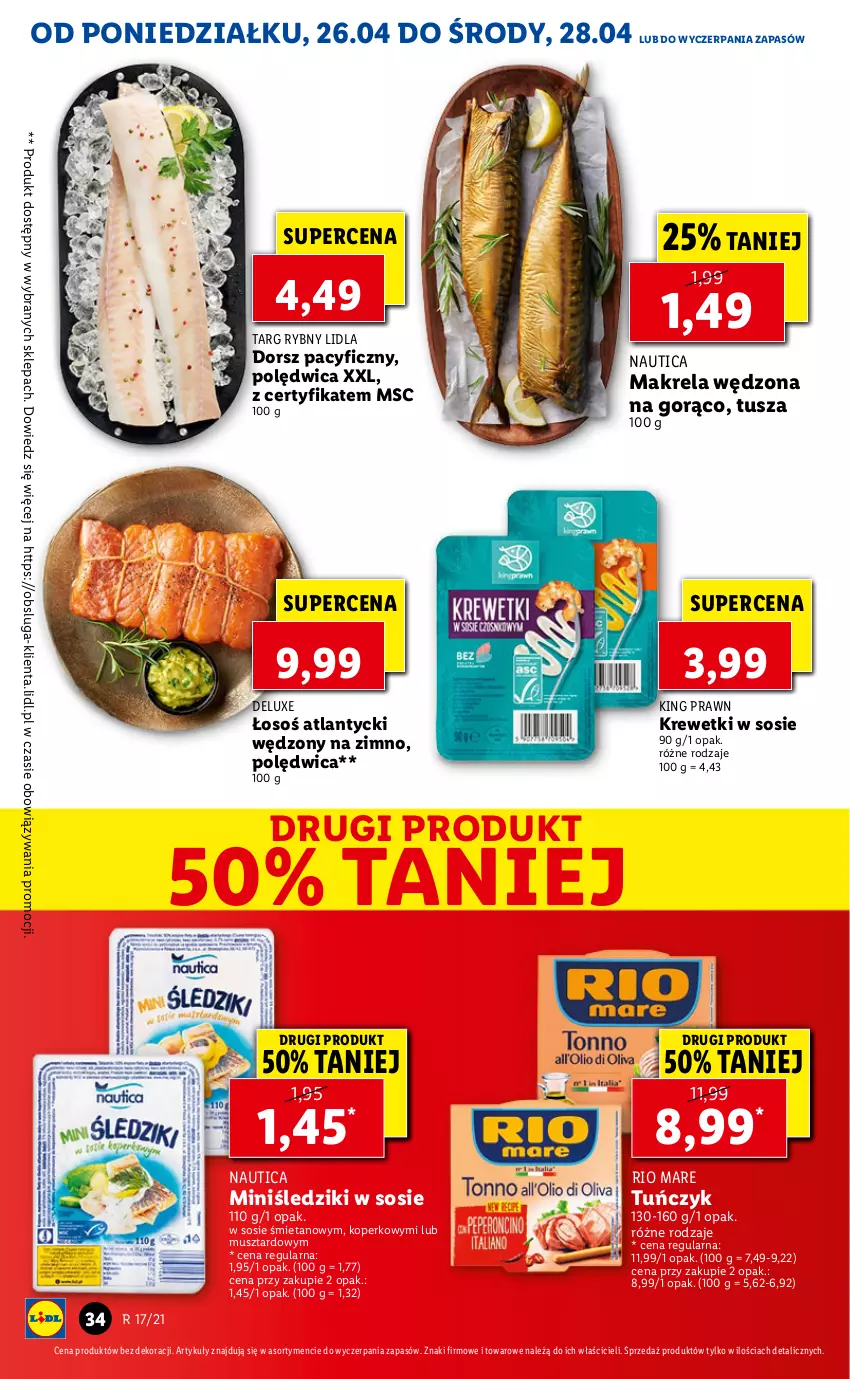 Gazetka promocyjna Lidl - GAZETKA - ważna 26.04 do 28.04.2021 - strona 34 - produkty: Dorsz, Krewetki, Mus, Polędwica, Rio Mare, Sos, Tuńczyk, Tusz