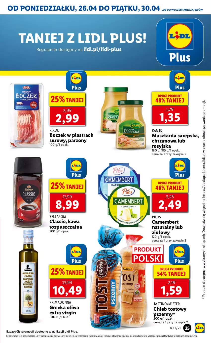 Gazetka promocyjna Lidl - GAZETKA - ważna 26.04 do 28.04.2021 - strona 35 - produkty: Bell, Bella, Boczek, Camembert, Chleb, Chleb tostowy, Chrzan, Gin, Kamis, Kawa, Kawa rozpuszczalna, Mus, Musztarda, PIKOK, Pilos, Prima