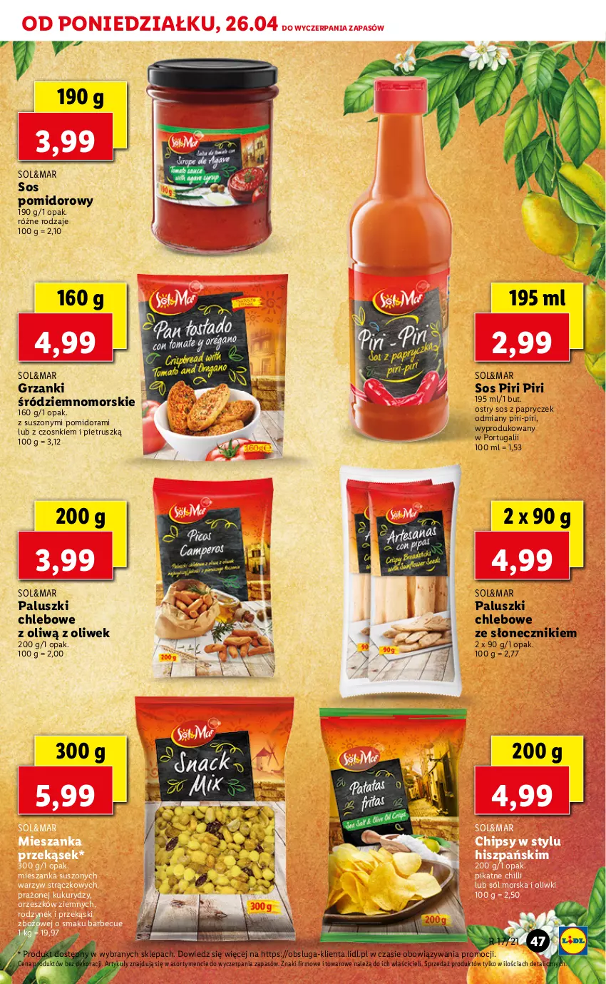 Gazetka promocyjna Lidl - GAZETKA - ważna 26.04 do 28.04.2021 - strona 47 - produkty: Chipsy, Chleb, Oliwki, Por, Sól, Sos, Sos pomidorowy