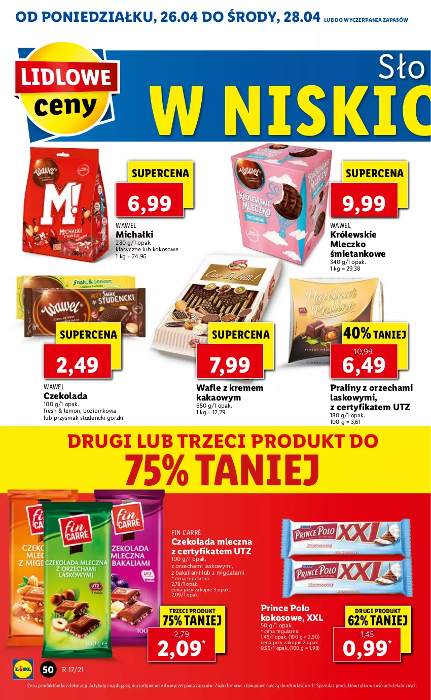 Gazetka promocyjna Lidl - GAZETKA - ważna 26.04 do 28.04.2021 - strona 50 - produkty: Czekolada, Czekolada mleczna, Kakao, Kokos, Królewski, Królewskie Mleczko, Michałki, Mleczko, Praliny, Prince Polo, Wawel