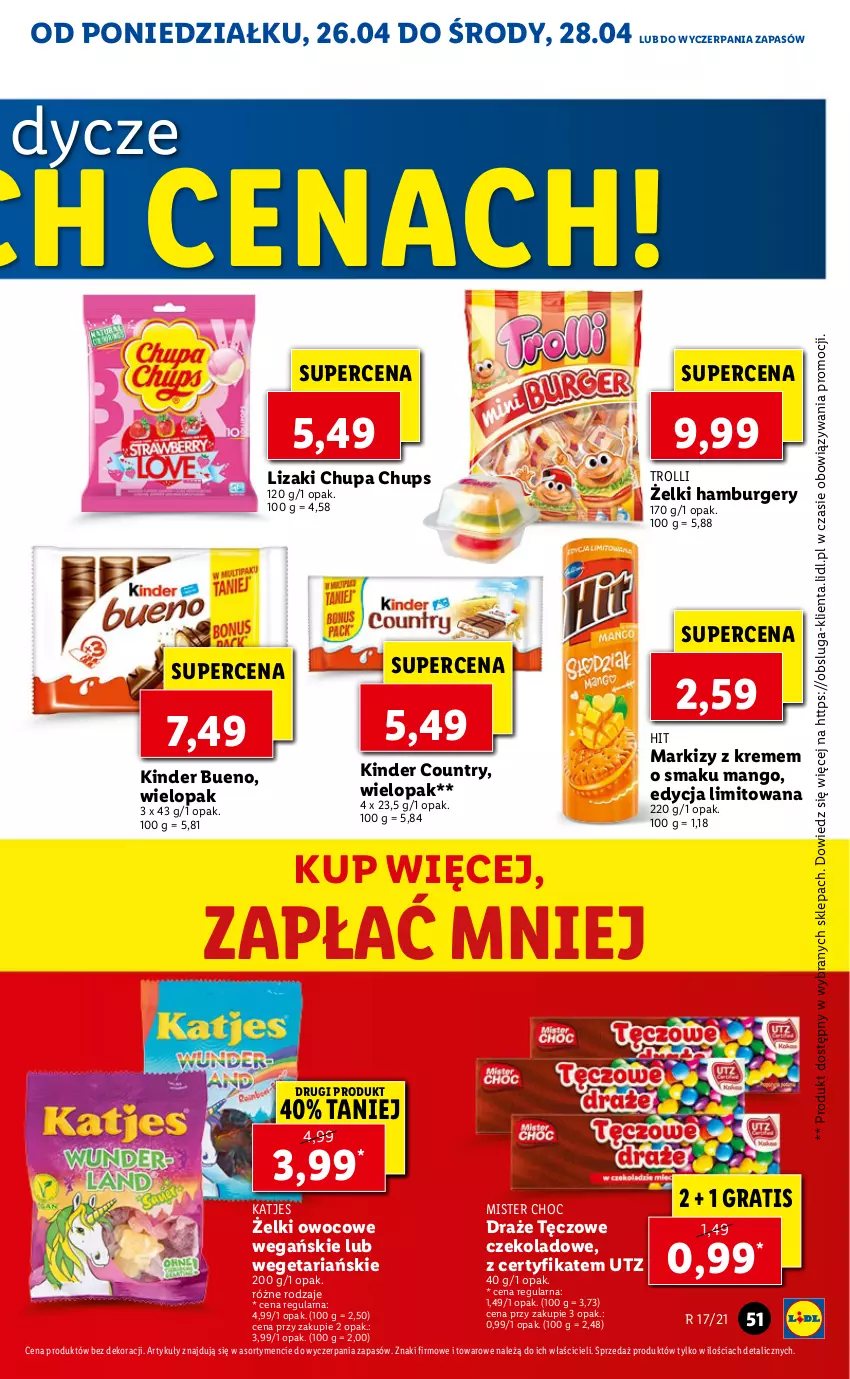 Gazetka promocyjna Lidl - GAZETKA - ważna 26.04 do 28.04.2021 - strona 51 - produkty: Burger, Chupa Chups, Gra, Hamburger, Kinder, Kinder Bueno, Lizaki, Mango