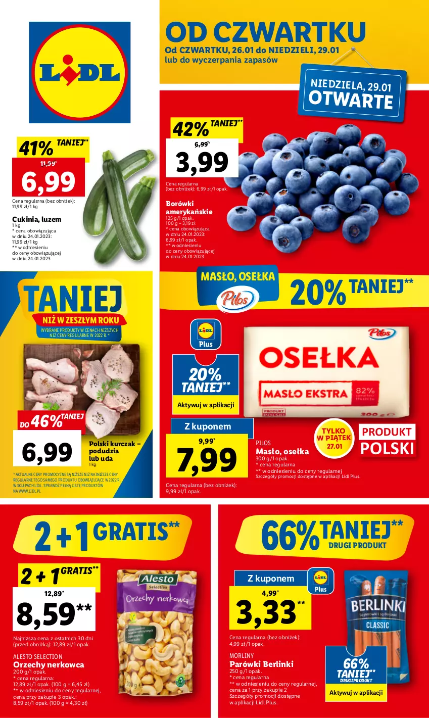 Gazetka promocyjna Lidl - GAZETKA - ważna 26.01 do 29.01.2023 - strona 1 - produkty: Berlinki, Gra, Kurczak, Masło, Morliny, Parówki, Pilos