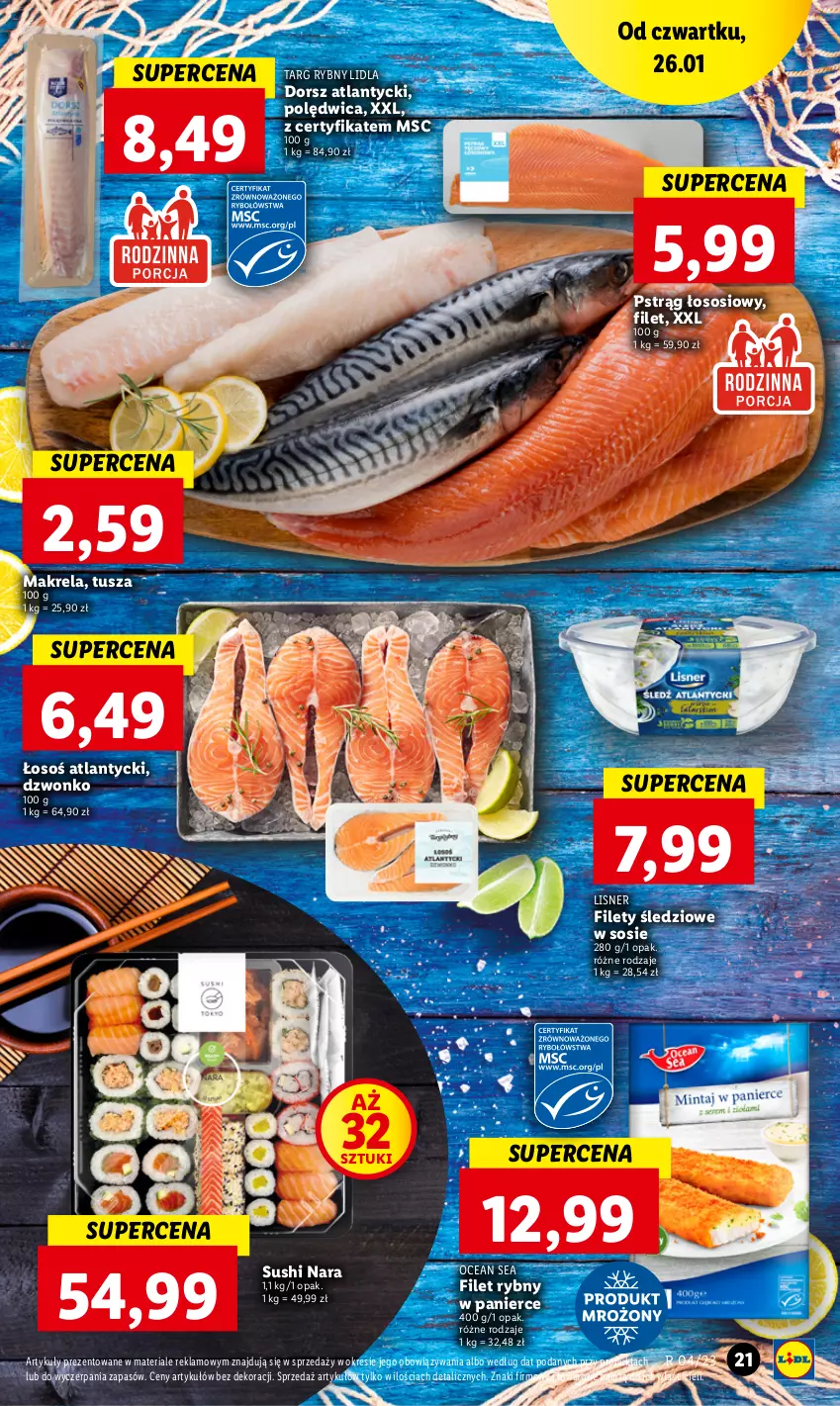 Gazetka promocyjna Lidl - GAZETKA - ważna 26.01 do 29.01.2023 - strona 21 - produkty: Dorsz, Lisner, Polędwica, Pstrąg, Pstrąg łososiowy, Sos, Sushi, Tusz