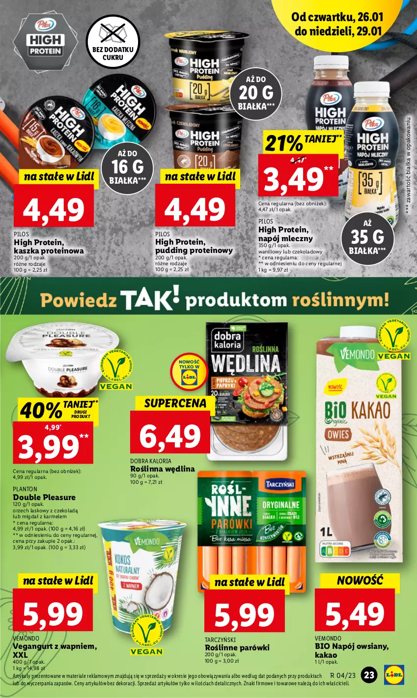 Gazetka promocyjna Lidl - GAZETKA - ważna 26.01 do 29.01.2023 - strona 25 - produkty: Kakao, Napój, Napój mleczny, Parówki, Pilos, Pudding, Tarczyński, Vegangurt, Wędlina