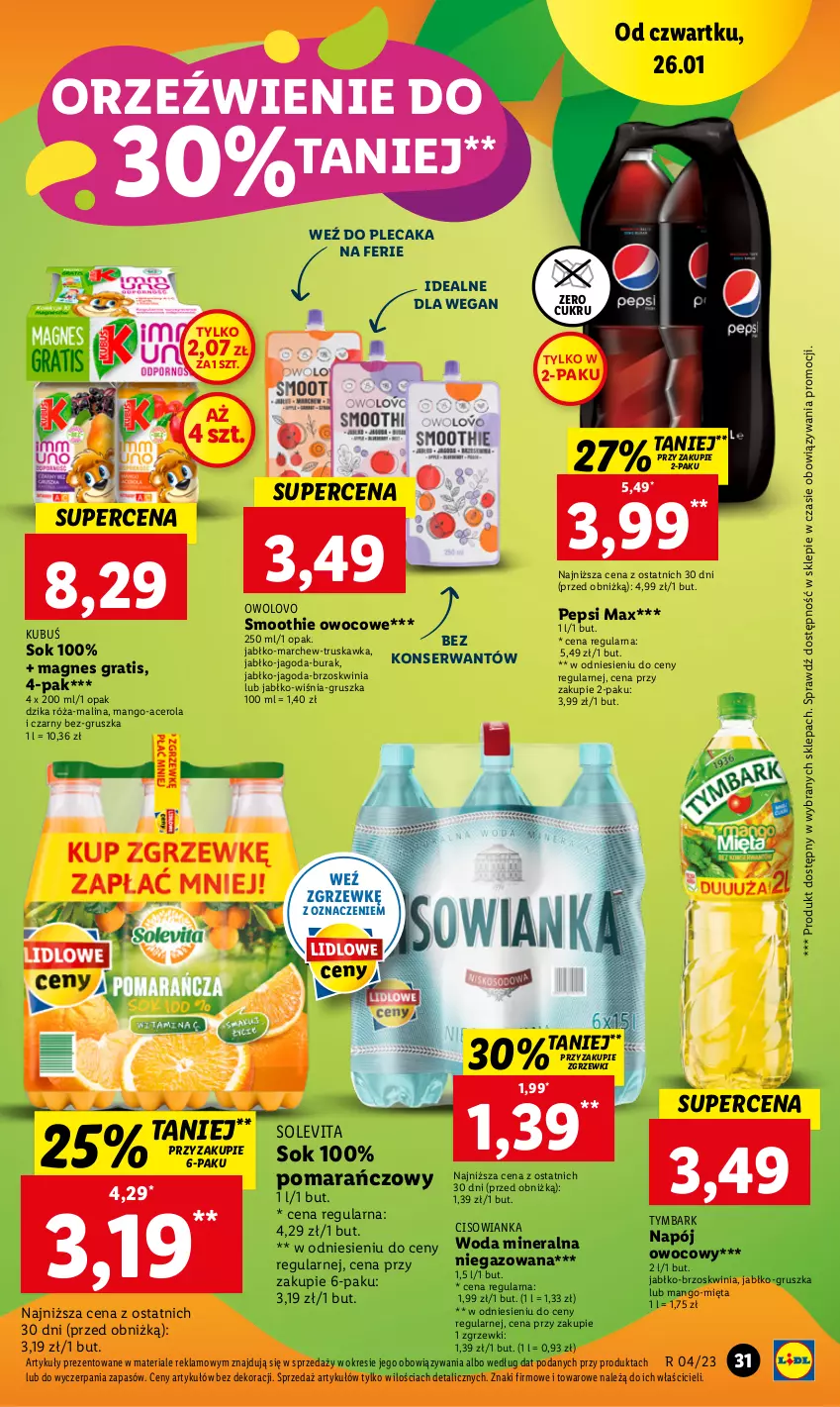 Gazetka promocyjna Lidl - GAZETKA - ważna 26.01 do 29.01.2023 - strona 33 - produkty: Acer, Cisowianka, Dzika róża, Gra, Kubuś, Mango, Mięta, Napój, Pepsi, Pepsi max, Plecak, Róża, Ser, Smoothie, Sok, Tymbark, Woda, Woda mineralna