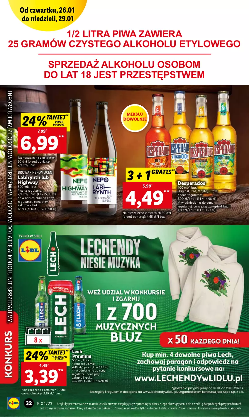 Gazetka promocyjna Lidl - GAZETKA - ważna 26.01 do 29.01.2023 - strona 36 - produkty: Desperados, Gin, Gra, Gres, Kozel, Lech Premium, LG, Piwa, Sok