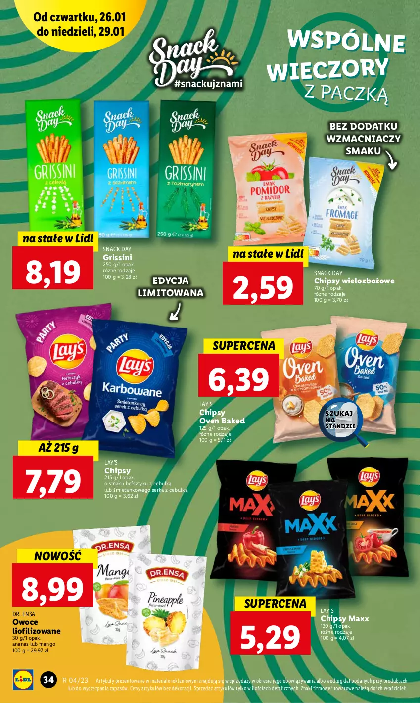 Gazetka promocyjna Lidl - GAZETKA - ważna 26.01 do 29.01.2023 - strona 38 - produkty: Ananas, Chipsy, Grissini, Lay’s, Mango, Owoce, Ser