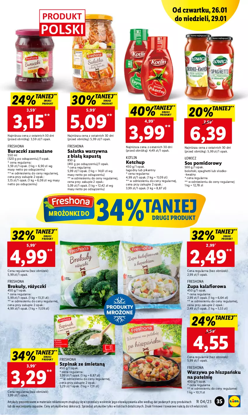 Gazetka promocyjna Lidl - GAZETKA - ważna 26.01 do 29.01.2023 - strona 39 - produkty: Brokuły, Buraczki, Kalafior, Kapustą, Ketchup, Kotlin, Sałat, Sałatka, Sałatka warzywna, Sos, Sos pomidorowy, Spaghetti, Szpinak, Warzywa, Zupa, Zupa kalafiorowa