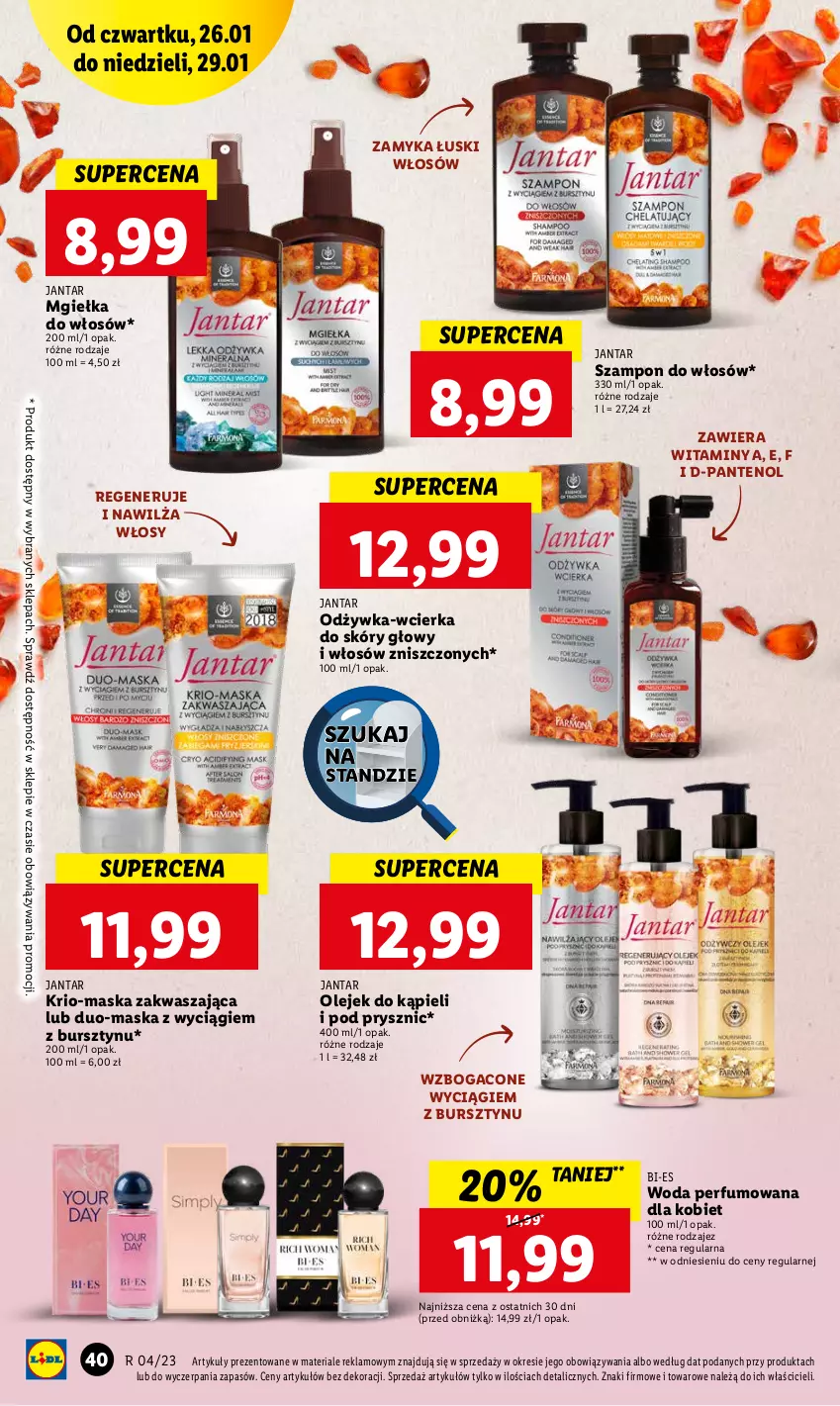 Gazetka promocyjna Lidl - GAZETKA - ważna 26.01 do 29.01.2023 - strona 44 - produkty: Bursztyn, Maska, Odżywka, Olej, Perfum, Szampon, Woda, Woda perfumowana