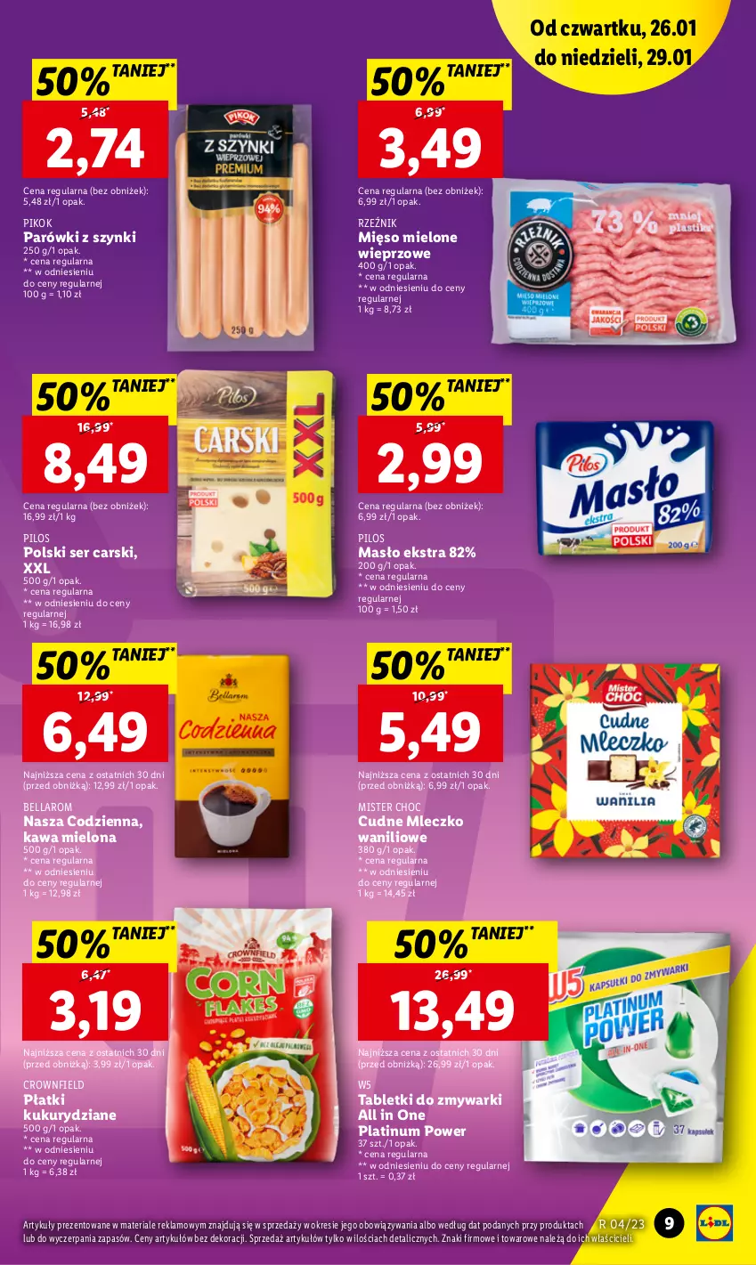 Gazetka promocyjna Lidl - GAZETKA - ważna 26.01 do 29.01.2023 - strona 9 - produkty: Bell, Bella, Cars, Kawa, Kawa mielona, Masło, Mięso, Mięso mielone, Mleczko, Parówki, Parówki z szynki, PIKOK, Pilos, Ser, Tablet, Tabletki do zmywarki, Zmywarki