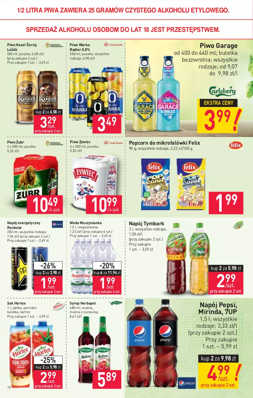 Gazetka promocyjna Stokrotka - Supermarket - ważna 15.04 do 21.04.2021 - strona 10 - produkty: 7up, Fa, Felix, Gra, Herbapol, Hortex, Kozel, Mirinda, Mus, Muszynianka, Napój, Napój energetyczny, Pepsi, Piwa, Piwo, Popcorn, Radler, Sok, Syrop, Tymbark, Warka, Woda