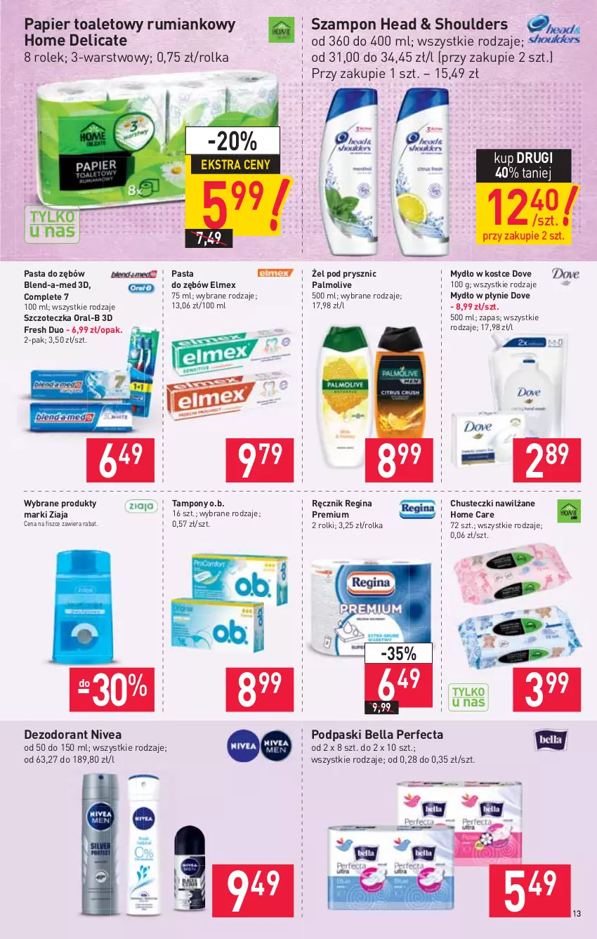 Gazetka promocyjna Stokrotka - Supermarket - ważna 15.04 do 21.04.2021 - strona 13 - produkty: Bell, Bella, Blend-a-Med, Chusteczki, Dezodorant, Dove, Elmex, Gin, Mydło, Mydło w płynie, Nivea, O.B., Palmolive, Papier, Papier toaletowy, Pasta do zębów, Perfecta, Podpaski, Ręcznik, Rolki, Rum, Szampon, Szczoteczka, Tampony, Ziaja