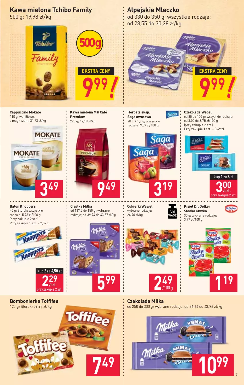 Gazetka promocyjna Stokrotka - Supermarket - ważna 15.04 do 21.04.2021 - strona 7 - produkty: Baton, Cappuccino, Ciastka, Cukier, Cukierki, Czekolada, Dr. Oetker, Fa, Herbata, Kawa, Kawa mielona, Kisiel, Knoppers, Magnez, Milka, Mleczko, Saga, Słodka Chwila, Tchibo, Tchibo Family, Toffifee, Wawel