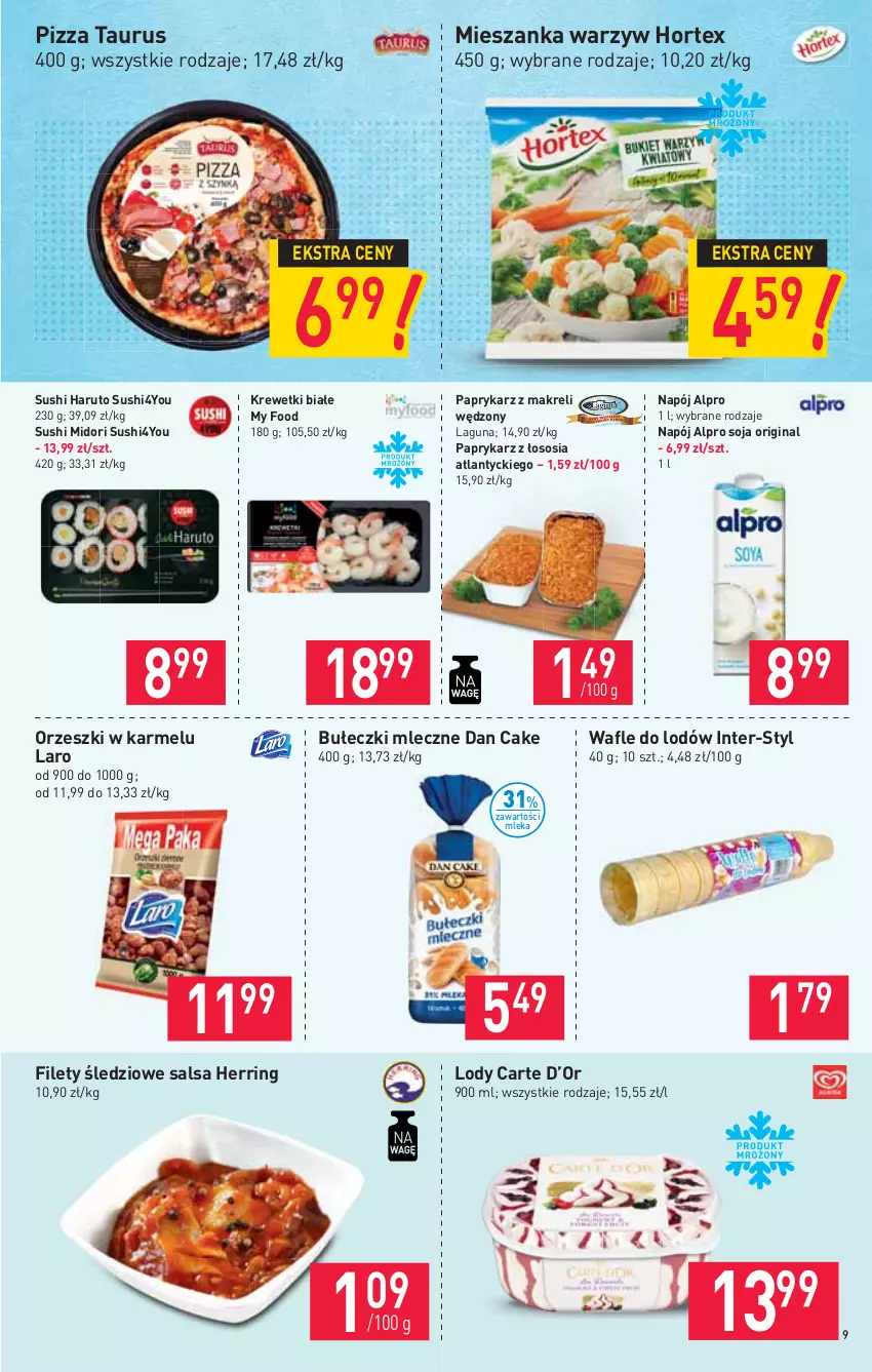 Gazetka promocyjna Stokrotka - Supermarket - ważna 15.04 do 21.04.2021 - strona 9 - produkty: Alpro, Bułeczki, Bułeczki mleczne, Dan Cake, Gin, Hortex, Krewetki, Lody, Mieszanka warzyw, Napój, Orzeszki, Papryka, Paprykarz, Pizza, Salsa, Sos, Sushi, Wafle, Wafle do lodów