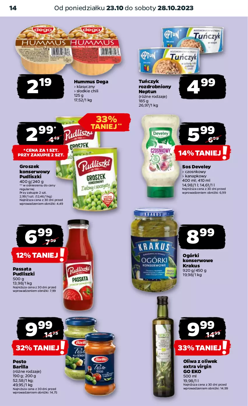 Gazetka promocyjna Netto - Artykuły spożywcze - ważna 23.10 do 28.10.2023 - strona 14 - produkty: Barilla, Dega, Gin, Groszek, Hummus, Krakus, Mus, Ogórki konserwowe, Oliwa z oliwek, Pesto, Pudliszki, Ser, Sos, Tuńczyk