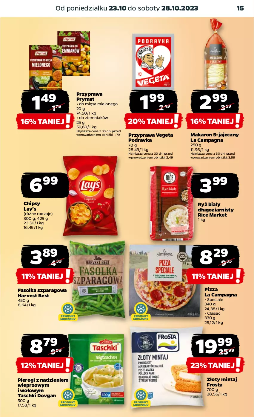 Gazetka promocyjna Netto - Artykuły spożywcze - ważna 23.10 do 28.10.2023 - strona 15 - produkty: Chipsy, Fa, Frosta, Lay’s, Makaron, Mintaj, Pierogi, Pizza, Podravka, Prymat, Ryż, Ryż biały, Vegeta